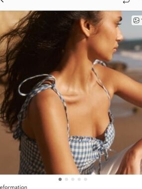 Reformation Holcomb Linen Top -Azure Blue Check Gingham Tie Strap Top Size 8